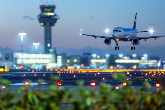 Airport Transportation 10 airport control tower with departing plane blurred background copy space text 174533 65136